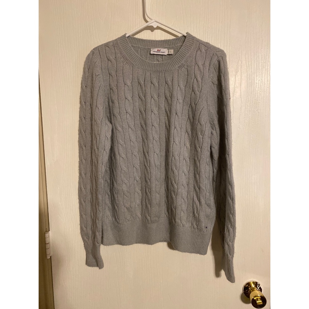 Vineyard Vines Mens Gray CableKnit Crewneck Sweater L Wool Blend Whale Logo 0520